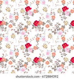 Ditsy seamless floral pattern with various roses, daisies and leaves on white background.
