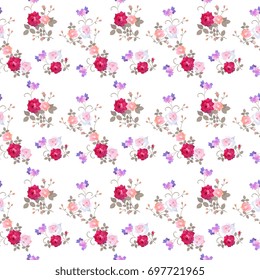 Ditsy seamless floral pattern with various roses, bell flowers and leaves on white background. 