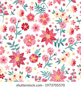 Ditsy seamless floral pattern in vector. Bright embroidery of flowers and leaves on white background. Print for fabric, paper, wallpaper, packaging design.