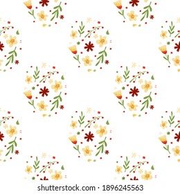 Ditsy seamless isolated pattern with multicolor pastel flowers and leaves botanic shapes. White background. Graphic design for wrapping paper and fabric textures. Vector Illustration.