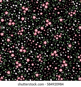 Ditsy Seamless Pattern in Country Style. Tiny Bright Flowers on Black Background. Dark Floral Pattern for Textile, Fabric, Calico, Print. High Coverage Ornament