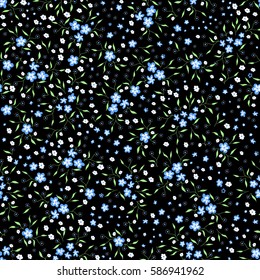 Ditsy Seamless Pattern in Country Style. Tiny Bright Flowers on Black Background. Dark Floral Pattern for Textile, Fabric, Calico, Print. High Coverage Ornament