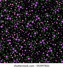 Ditsy Seamless Pattern in Country Style. Tiny Bright Flowers on Black Background. Dark Floral Pattern for Textile, Fabric, Calico, Print. High Coverage Ornament