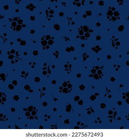 Ditsy seamless pattern. Cute floral textile print. Hand drawn botanical background. Two colored sustainability surface design