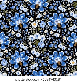 Ditsy nahtloses Muster mit Stickereiblumen in Blau und Weiß. Modedruck für Stoff.