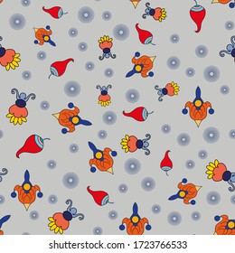 Ditsy seamless pattern floral medieval ornaments with circles whimsy flowers leaves pods orange blue indigo red teal yellow green color on grey background  cartoon style, handrawn ,kids textile 