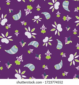 Ditsy seamless pattern floral medieval ornaments whimsy flowers leaves pods stripes pink grey teal neon green color on purple background  cartoon style, handrawn ,kids textile wrapping paper