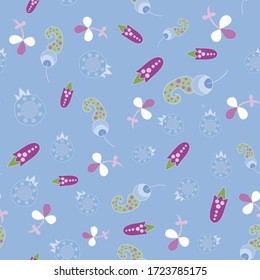 Ditsy seamless pattern floral medieval ornaments with dots whimsy flowers leaves pods grey indigo pink purple white color on blue background  cartoon style, handrawn ,kids textile wrapping paper

