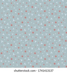 Ditsy seamless pattern floral medieval curvy ornaments with dots whimsical flowers pods red grey peach  blue color on pale teal background  cartoon style, handrawn for giftwrap textile wallpaper