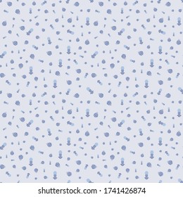 Ditsy seamless pattern floral medieval ornaments with dots whimsical flowers pods blue indigo grey color on pale grey background  cartoon style, handrawn for giftwrap textile wallpaper