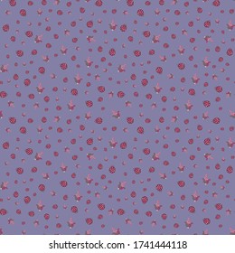 Ditsy seamless pattern floral medieval ornaments with dots whimsical flowers pods grey burgundy hibiscus color on pale purple lilac background  cartoon style, handrawn for giftwrap textile wallpaper