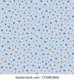 Ditsy seamless pattern floral medieval ornaments with dots whimsical flowers pods vivid orange blue white color on pale lilac background  cartoon style, handrawn for giftwrap textile wallpaper