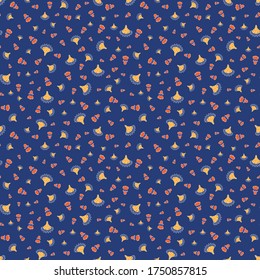 Ditsy seamless pattern floral medieval ornaments with dots whimsical flowers pods vivid yellow coral red white color on dark blue background  cartoon style, handrawn for giftwrap textile wallpaper