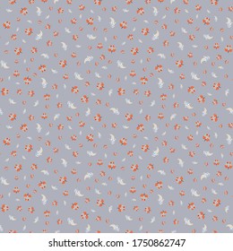 Ditsy seamless pattern floral medieval ornaments with dots whimsical flowers pods blue indigo red white yellow color on grey background  cartoon style, handrawn for giftwrap textile wallpaper
