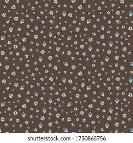 Ditsy seamless pattern floral medieval ornaments with dots whimsical flowers pods blue indigo red coral beige teal color on brown background  cartoon style, handrawn for giftwrap textile wallpaper
