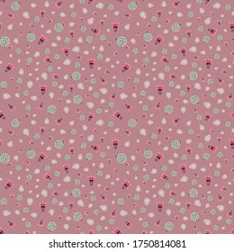 Ditsy seamless pattern floral renaissance curvy ornaments with dots whimsical flowers pods red pink green beige color on dusky pink background  cartoon style, handrawn for giftwrap textile wallpaper