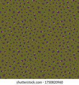 Ditsy seamless pattern floral renaissance curvy ornaments with dots whimsical flowers pods white black purple color on olive green background  cartoon style, handrawn for giftwrap textile wallpaper
