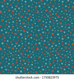 Ditsy seamless pattern floral renaissance curvy ornaments with dots whimsical flowers pods red grey pistachios color on green teal background  cartoon style, handrawn for giftwrap textile wallpaper