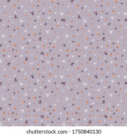 Ditsy seamless pattern floral renaissance curvy ornaments with dots whimsical flowers pods beige  orange brown color on grey background  cartoon style, handrawn for giftwrap textile wallpaper