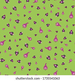 Ditsy seamless pattern medieval ornaments  whimsy flowers leaves pods with dots and stripes pink green purple burgundy color on green background  cartoon style, handrawn ,kids textile wrapping paper
