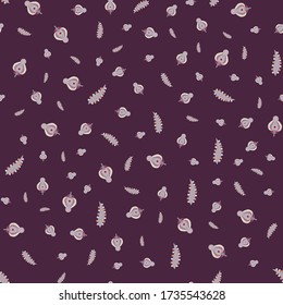 Ditsy seamless pattern medieval ornaments  whimsy flowers leaves pods with dots beige grey red color on burgundy background  cartoon style, handrawn ,kids textile wrapping paper