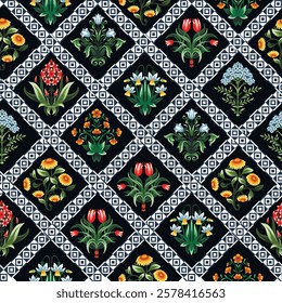 Ditsy seamless pattern with symmetrical flowers. Vector