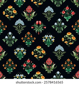 Ditsy seamless pattern with symmetrical flowers. Vector