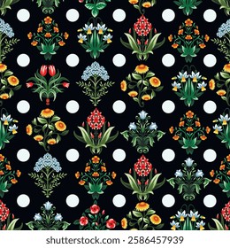 Ditsy seamless pattern with symmetrical flowers. Vector