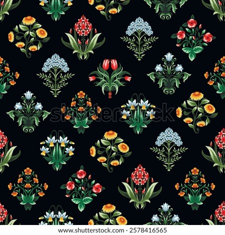 Ditsy seamless pattern with symmetrical flowers. Vector