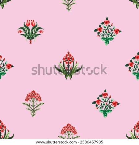 Ditsy seamless pattern with symmetrical flowers. Vector