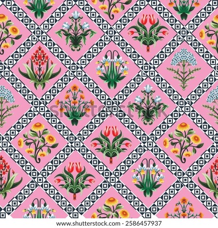 Ditsy seamless pattern with symmetrical flowers. Vector