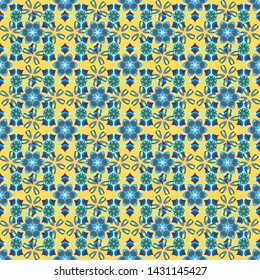 Ditsy seamless pattern. Vector abstract flowers in green, blue and yellow colors. Vector illustration. Cute floral pattern in the small flowers.