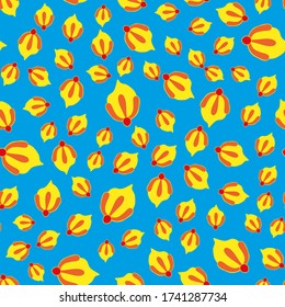 Ditsy seamless pattern whimsical budds  ornaments bright vivid red yellow orange color on blue background  cartoon style, handrawn for giftwrap textile wallpaper surface pattern design
