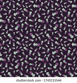 
Ditsy seamless pattern whimsical budds  ornaments pale green purple color on dark background  cartoon style, handrawn for giftwrap textile wallpaper surface pattern design