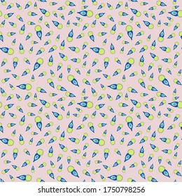 Ditsy seamless pattern whimsy budds  ornaments blue pistachios teal brown color on pale peach background  cartoon style, handrawn for giftwrap textile wallpaper surface pattern design