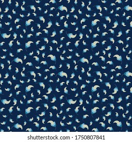 Ditsy seamless pattern whimsy budds dots ornaments teal blue beige pistachios grey color on  dark blue background  cartoon style, handrawn for giftwrap textile wallpaper surface pattern design