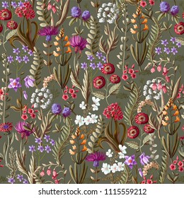 Ditsy seamless pattern with wild flowers for textile design.  