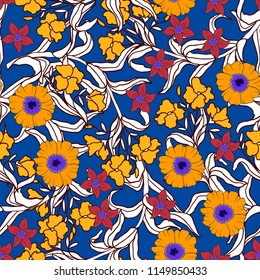Ditsy seamless pattern with wild flowers and leaves. 