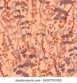 Ditsy seamless pattern of wild herbs and grasses on peach fuzz background. Trendy color floral seamless pattern for wallpaper, textile, bedding, package. Vector illustration