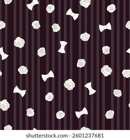 Ditsy silver Gray Bows and Roses with Gray Vertical Stripes on a Dark Cherry Red background creating a seamless pattern print background
