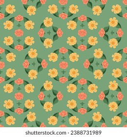 Ditsy small flower seamless pattern on green background. Vector vintage floral illustration for fashionable prints, fabric, wrapping paper, wallpaper, textile, apparel, table cloth, cover