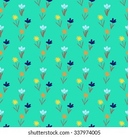 Ditsy spring floral pattern with small hand drawn flowers on tropical green background. Seamless vector vintage texture. Colorful artistic grunge print for spring summer fashion or wedding invitation