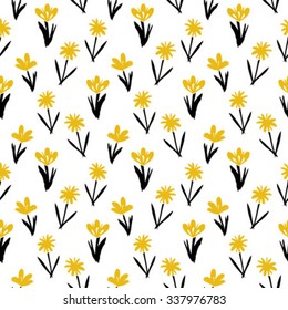 Ditsy spring floral pattern with small hand drawn gold flowers on white background. Seamless vector vintage texture. Colorful artistic grunge print for spring summer fashion or wedding invitation