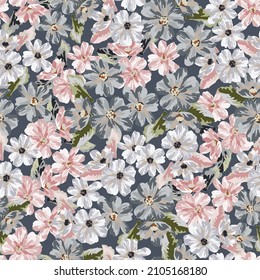 Ditsy spring or summer meadow seamless pattern. Plant background for fashion, wallpapers, wedding, print. Gray, silver, pink, flowers on charcoal. Liberty style floral. Trendy floral design