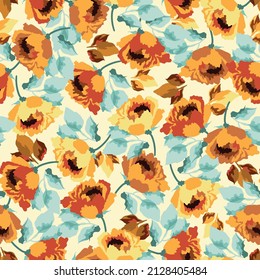 Ditsy spring or summer meadow seamless pattern. Plant background for fashion, wallpapers, wedding, print. Yellow, orange, brown, blue, flowers on cream. Liberty style floral. Trendy floral design