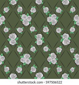 Ditsy style. Flower vector seamless pattern in vintage style. Small rose flowers on a green background. Hand drawn vector illustration.