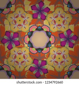 Ditsy style vector illustration. Seamless pattern with image of a many flowers. Small cute flowers in orange, yellow and beige colors.