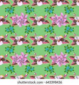 Ditsy style vector illustration. Seamless pattern with image of a many flowers. Small cute flowers in pink and blue colors.