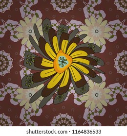 Ditsy style. Vintage floral background. Seamless vector pattern for design and fashion prints. Flowers pattern with small violet, yellow and brown flowers.