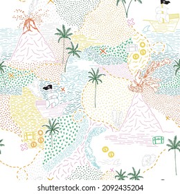 Ditsy treasure map island seamless pattern background print. Design in blue, yellow, pink, orange, white and green featuring pirate ships, volcanos and palm trees. Fun vector illustration. Surface